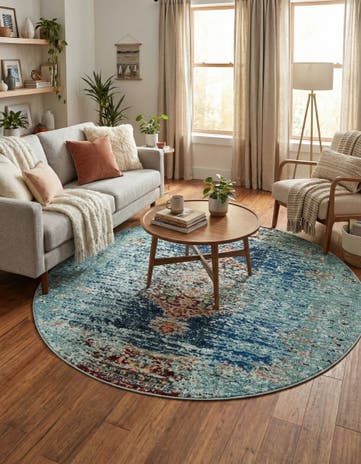 Turquoise Washable Carnevale Round Rug