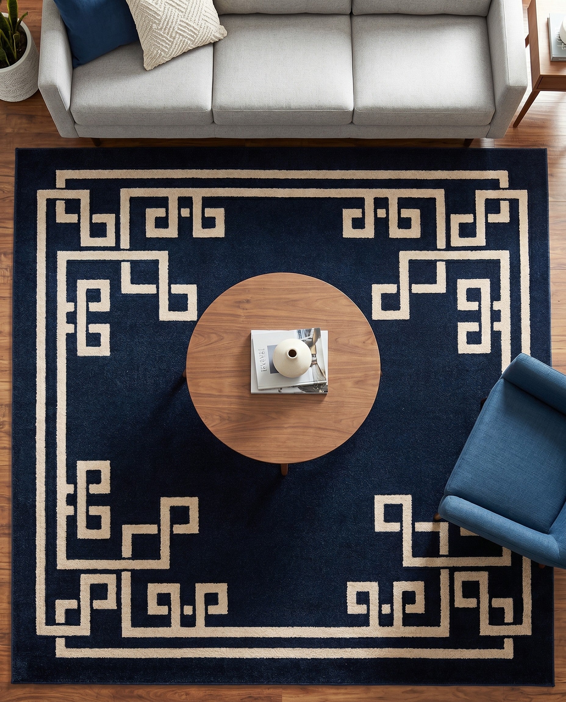 Dark Blue Greek Key Square Rug