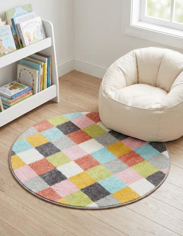 3' 3 x 3' 3 Checkered Whimsy Kids Round Rug