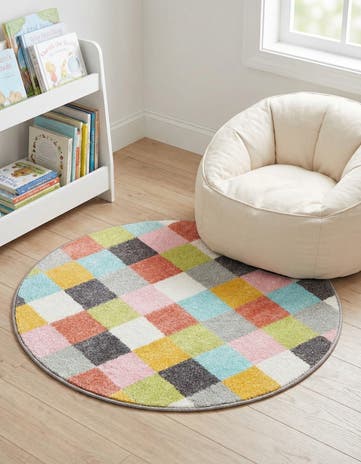 3' 3 x 3' 3 Checkered Whimsy Kids Round Rug