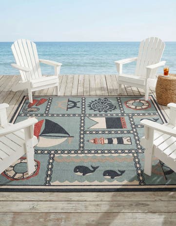 Blue Easy-Clean Coastal Indoor / Outdoor Square Rug