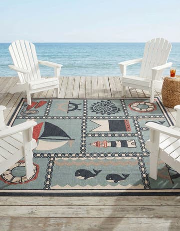 Blue Easy-Clean Coastal Indoor / Outdoor Square Rug