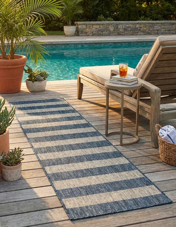 Blue Easy-Clean Striped Indoor / Outdoor Runner Rug