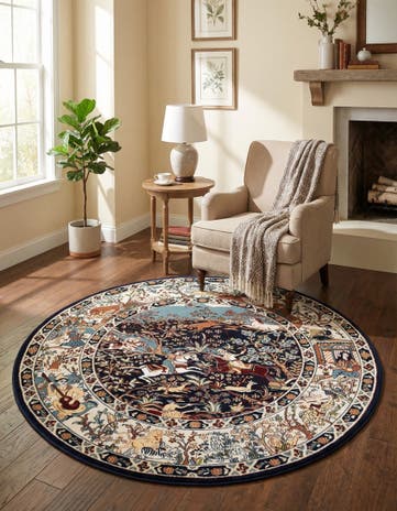 Navy Blue Nain Design Round Rug