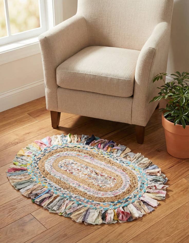 Detail image of  2' x 3' 1  Hand Braided Chindi Jute Oval Rug