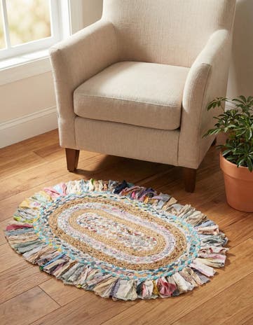 2' x 3' 1 Hand Braided Chindi Jute Oval Rug