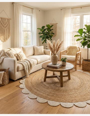 Natural and Ivory Handmade Scallop Braided Jute Round Rug