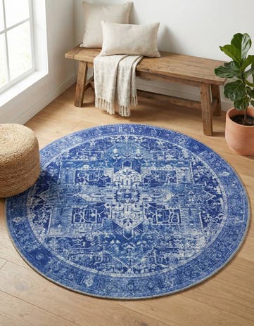 Navy Blue Washable Timeless Round Rug