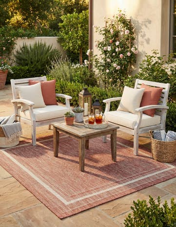 Rust Red Easy-Clean Border Indoor / Outdoor Square Rug