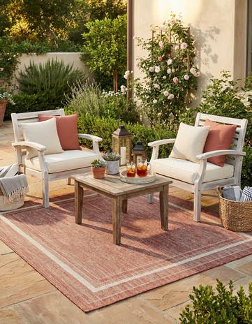 Rust Red Easy-Clean Border Indoor / Outdoor Square Rug