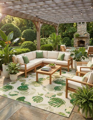 Green Easy-Clean Botanical Indoor / Outdoor Rug