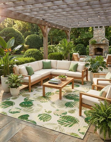 Green Easy-Clean Botanical Indoor / Outdoor Rug