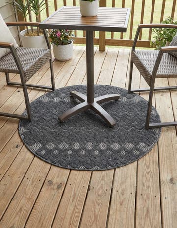 Charcoal Easy-Clean Trellis Textured Indoor / Outdoor Round Rug