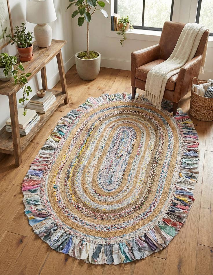 Detail image of  4' 1 x 6' 1  Hand Braided Chindi Jute Oval Rug