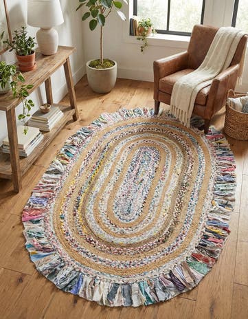 Multi White Hand Braided Chindi Jute Oval Rug