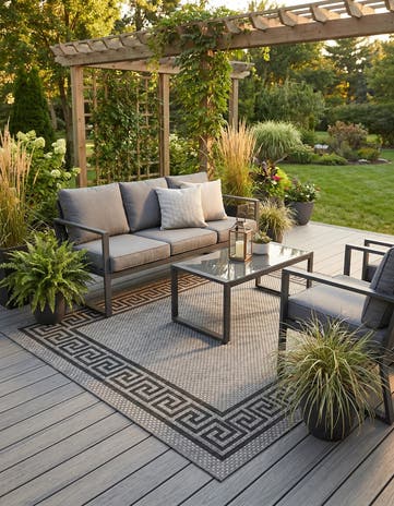 Gray Easy-Clean Border Indoor / Outdoor Rug