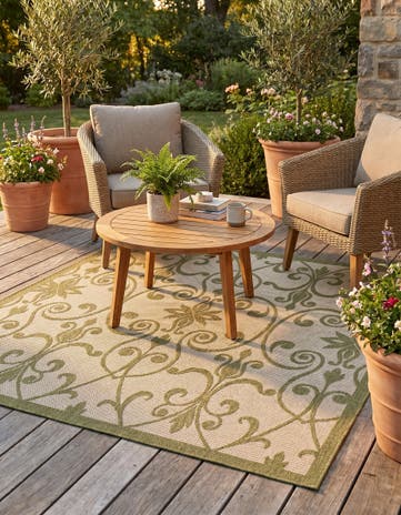 Green Easy-Clean Botanical Indoor / Outdoor Square Rug