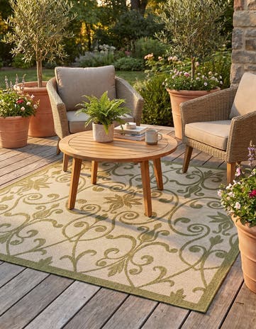 Green Easy-Clean Botanical Indoor / Outdoor Square Rug