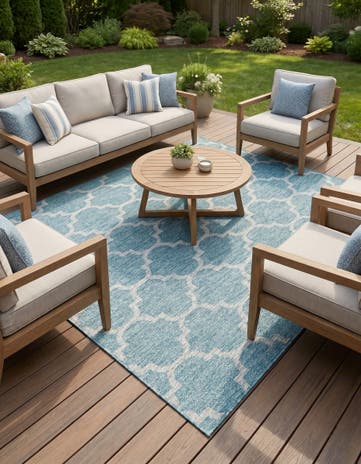Aquamarine Easy-Clean Lattice Indoor / Outdoor Square Rug
