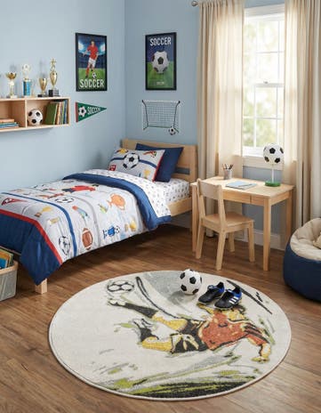 3' 3 x 3' 3 Soccer Player Whimsy Kids Round Rug