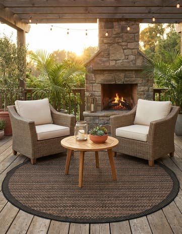Brown Easy-Clean Border Indoor / Outdoor Round Rug