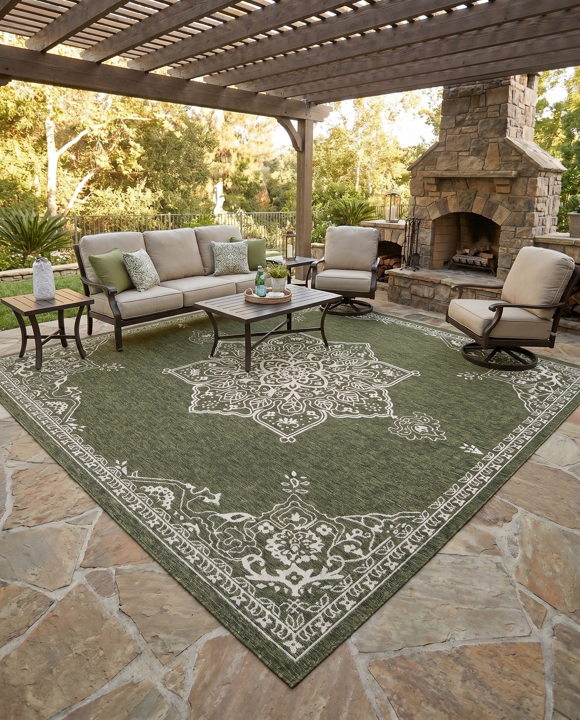 Green Easy-Clean Traditional Indoor / Outdoor Square Rug