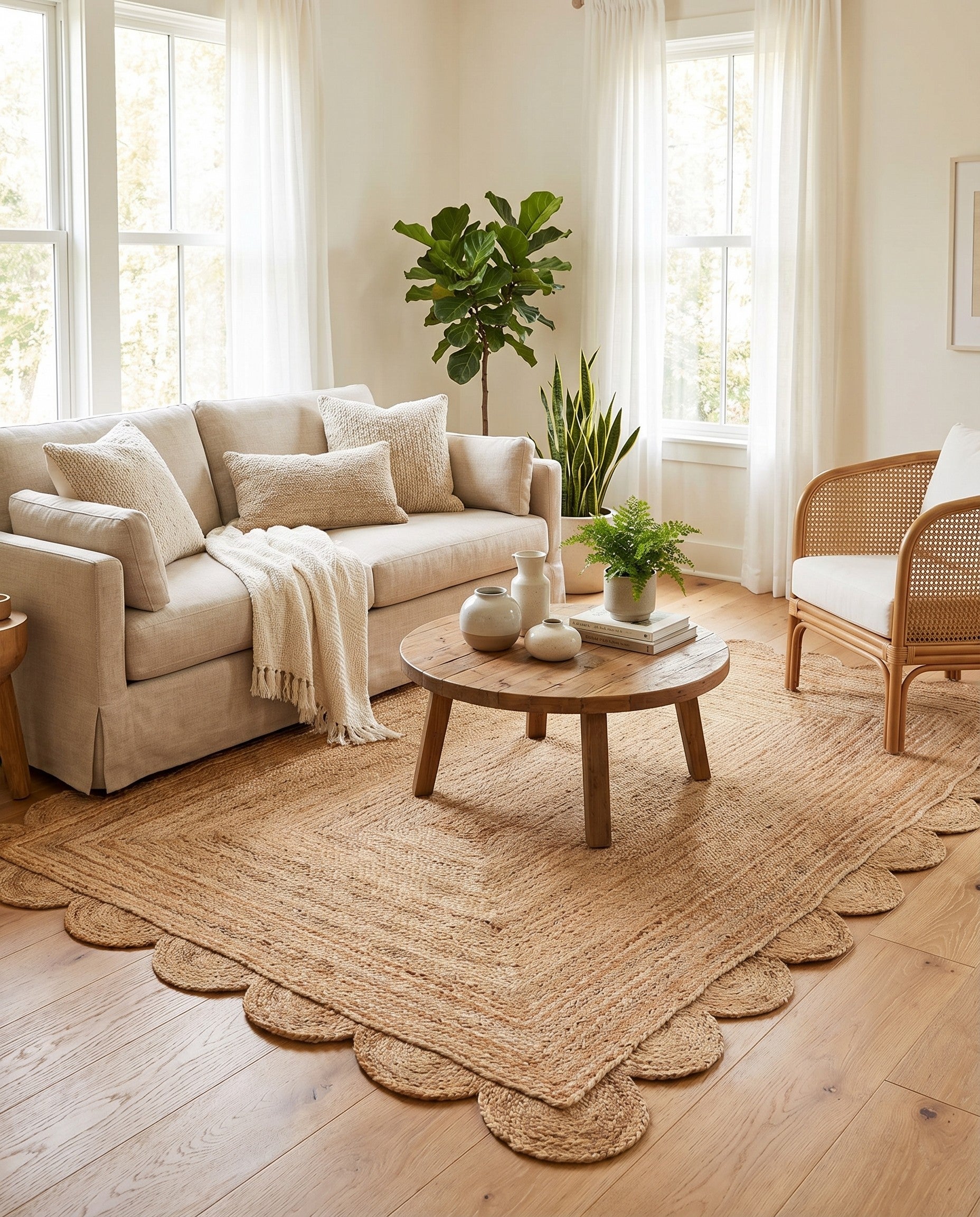 5' 1 x 8' Hand Woven Scallop Braided Jute Rug