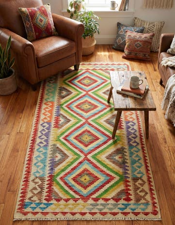 3' 3 x 6' 5 Hand Woven Kilim Maymana Wool Rug