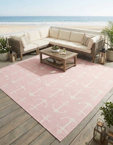Pink Easy-Clean Coastal Indoor / Outdoor Square Rug