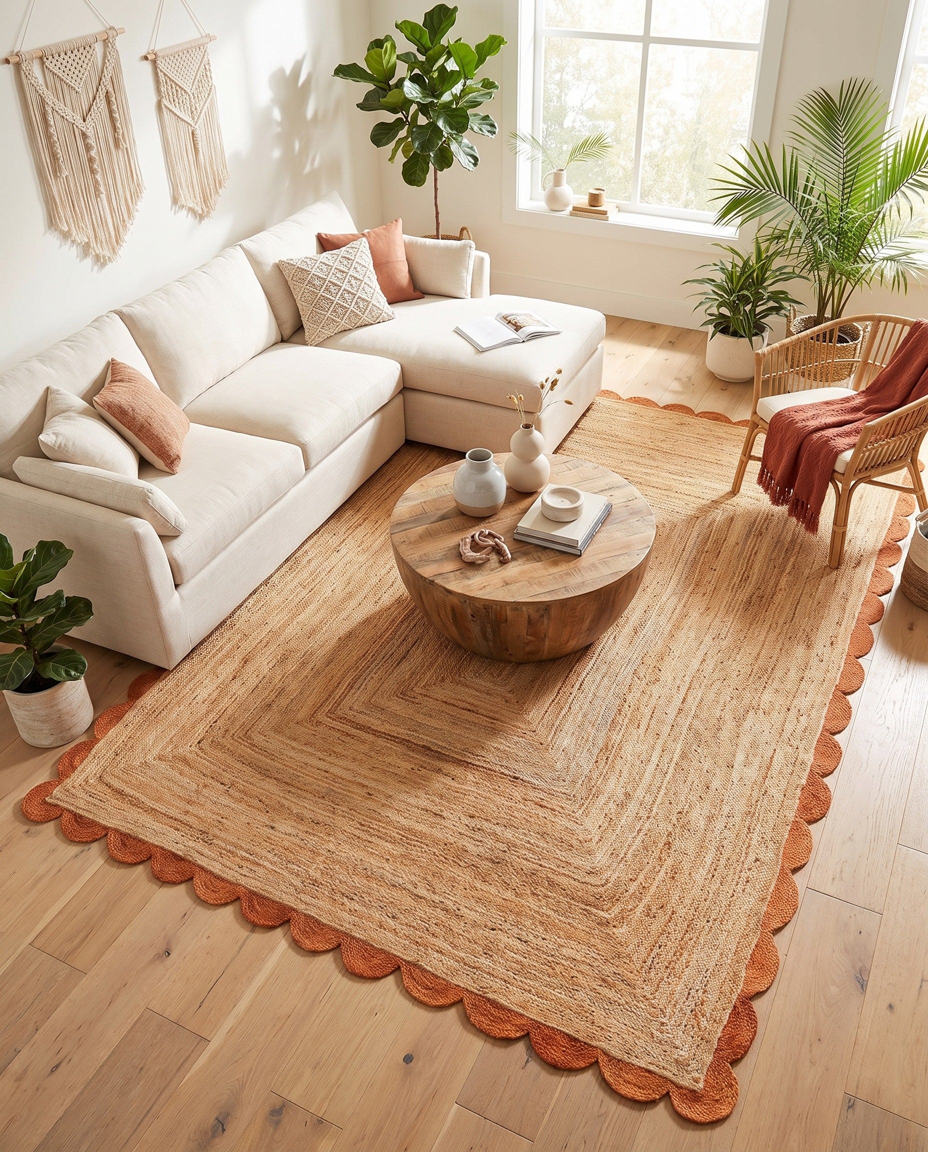 Natural and Terracotta Handmade Scallop Braided Jute Rug