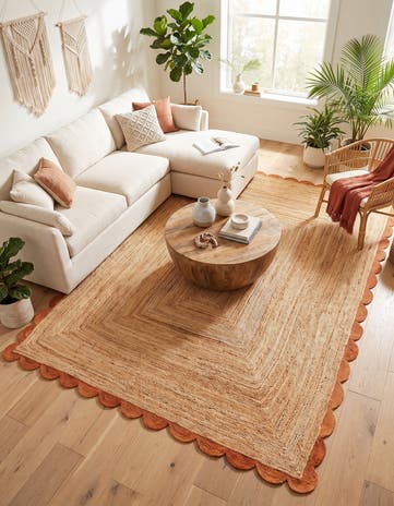 Natural and Terracotta Handmade Scallop Braided Jute Rug