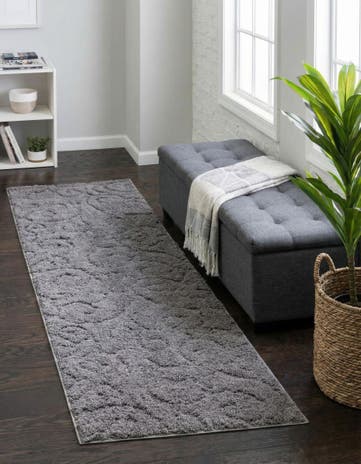 Dark Gray Botanical Shag Runner Rug