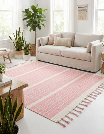 Pink and White Hand Woven Chindi Cotton Square Rug