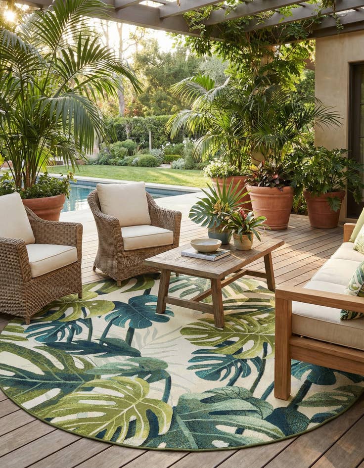 Detail image of 7' 10 x 7' 10 Washable Botanical Indoor / Outdoor Round Rug