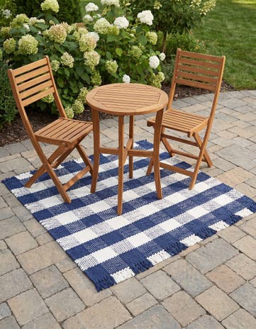 Navy Blue Easy-Clean Eco Plaid Washable Indoor / Outdoor Square Rug