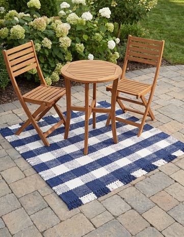Navy Blue Easy-Clean Eco Plaid Washable Indoor / Outdoor Square Rug