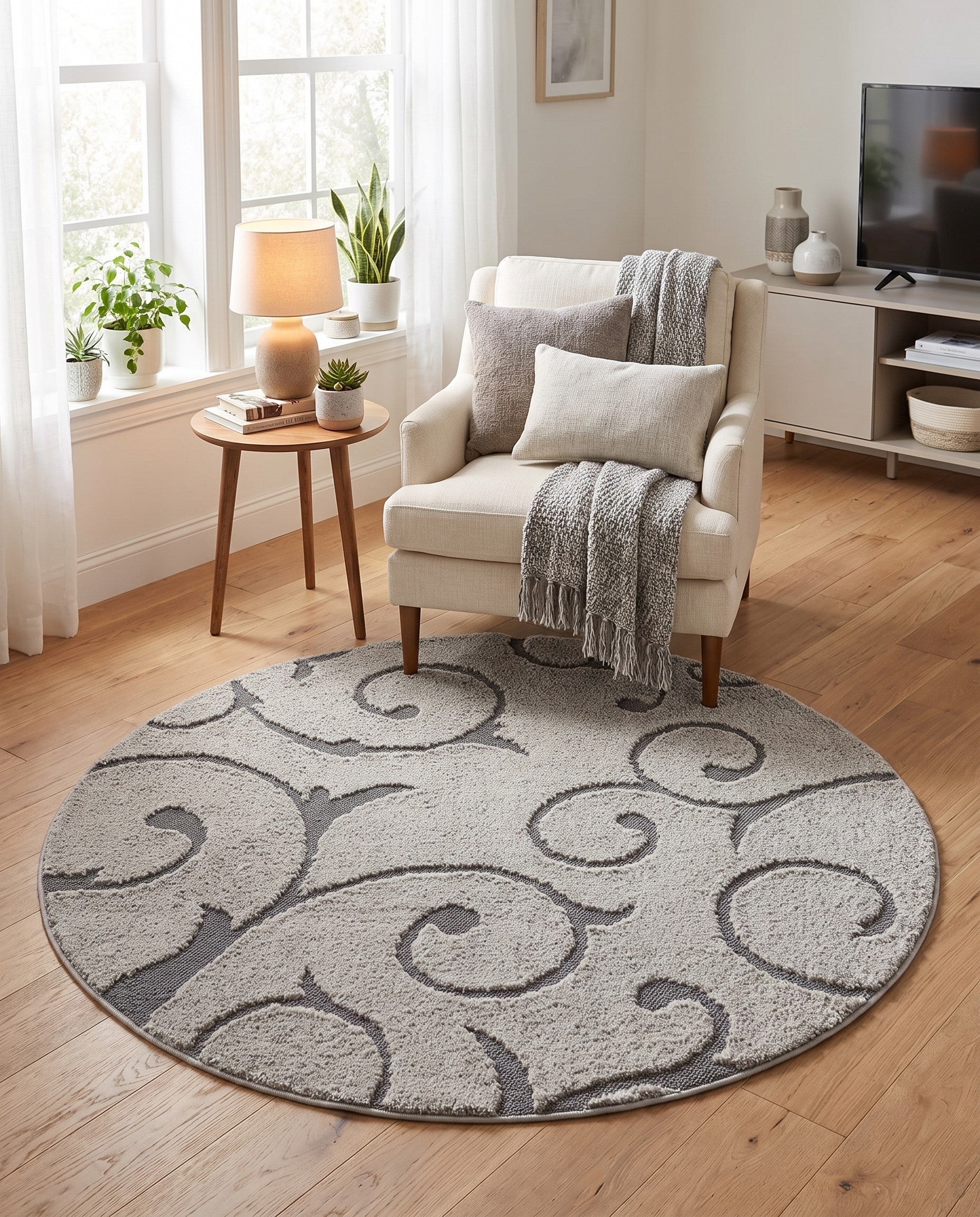 Light Gray and Gray Botanical Shag Round Rug