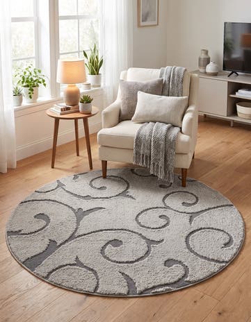 Light Gray and Gray Botanical Shag Round Rug
