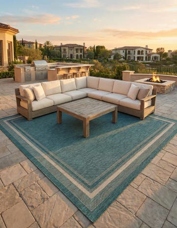 Teal Easy-Clean Border Indoor / Outdoor Square Rug