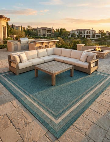 Teal Easy-Clean Border Indoor / Outdoor Square Rug