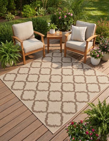 Beige Easy-Clean Lattice Indoor / Outdoor Square Rug