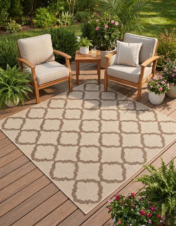 Beige Easy-Clean Lattice Indoor / Outdoor Square Rug