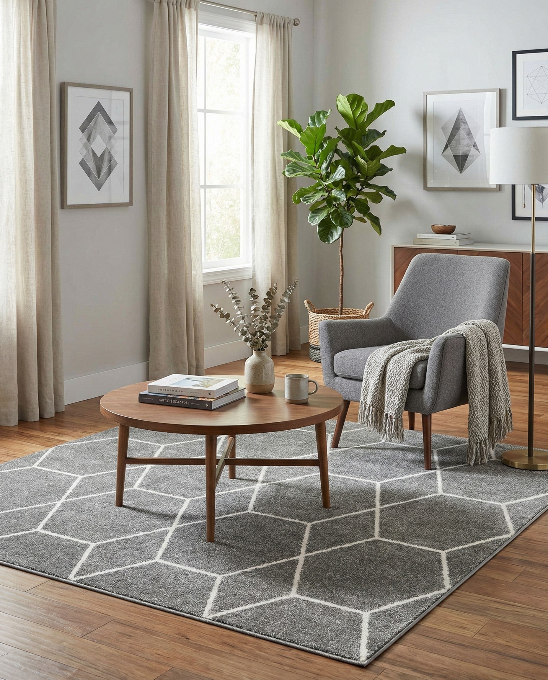 A 6'x6' square gray rug with a modern white geometric trellis pattern, suitable for indoor spaces.