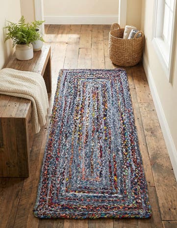 Blue and Multi Handmade Braided Chindi Runner Rug
