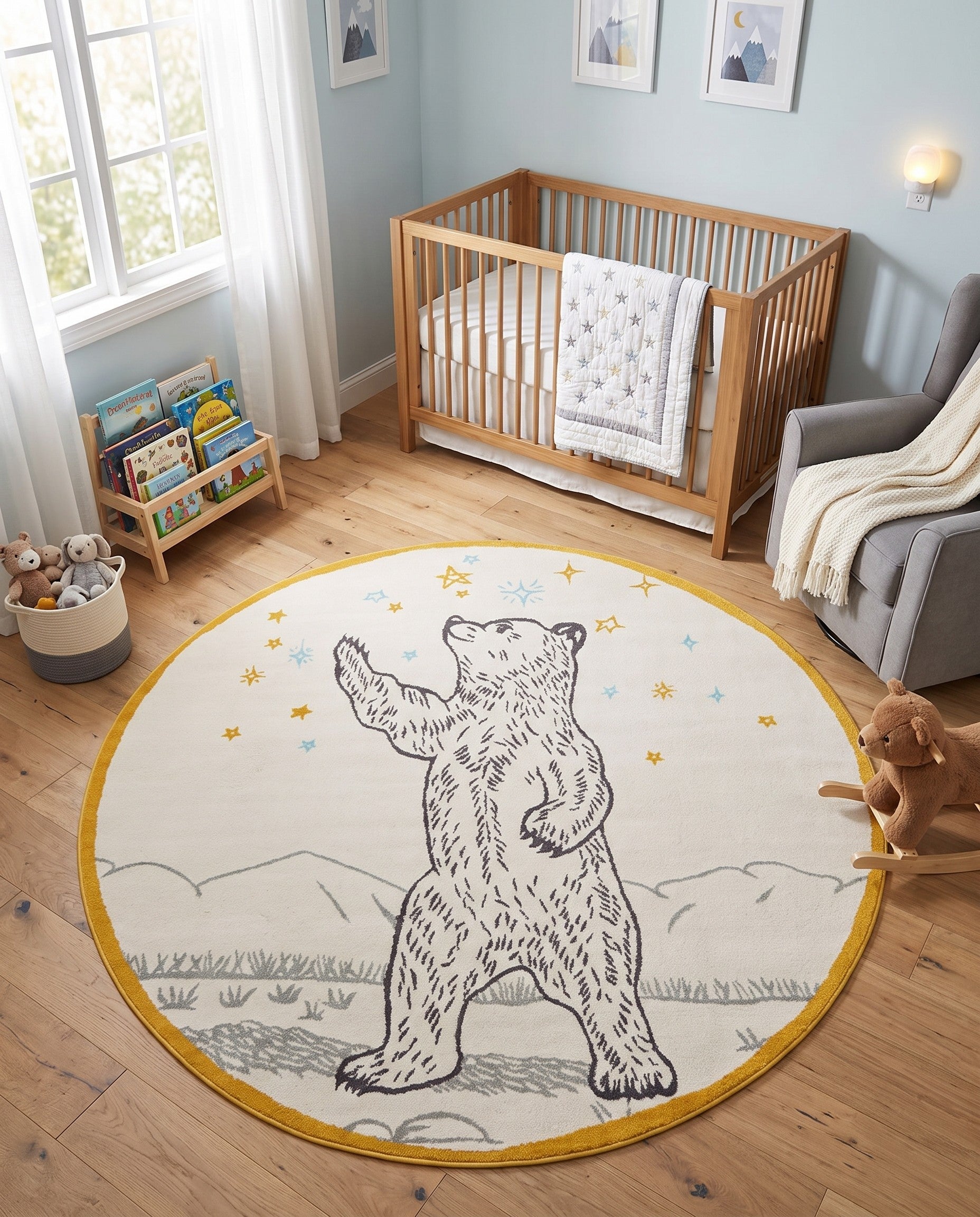 Ivory and Gray Bear Whimsy Kids Round Rug