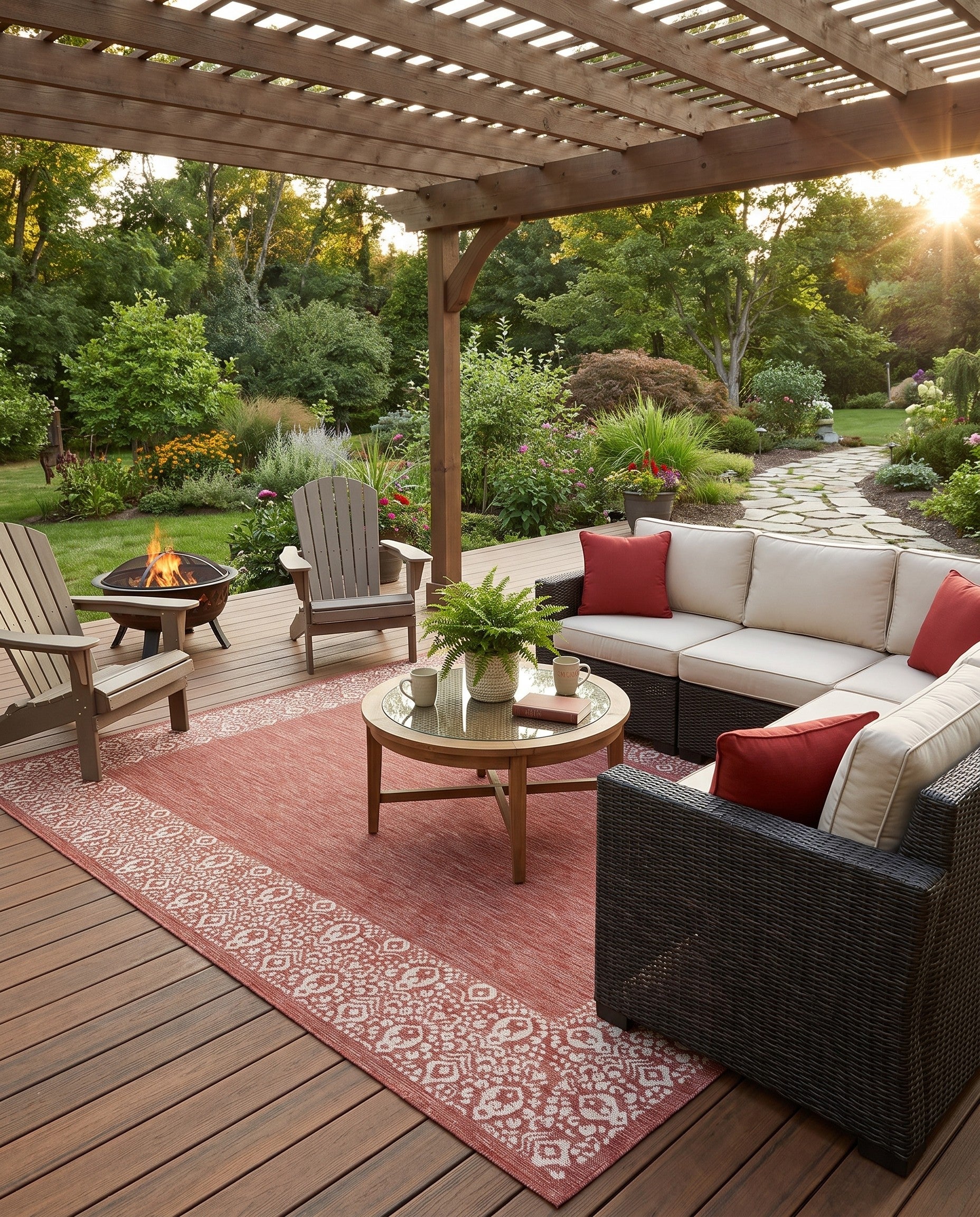 Rust Red Easy-Clean Border Indoor / Outdoor Rug