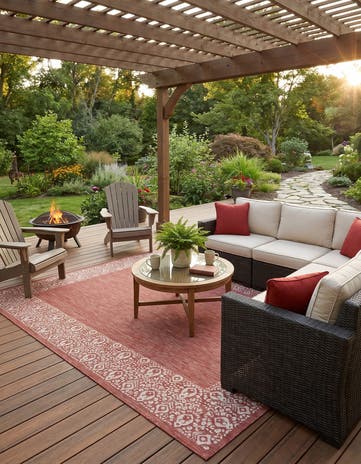 Rust Red Easy-Clean Border Indoor / Outdoor Rug