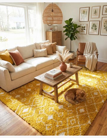 Yellow Moroccan Trellis Shag Square Rug