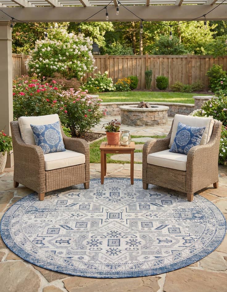 Detail image of 7' 10 x 7' 10 Washable Aztec Indoor / Outdoor Round Rug
