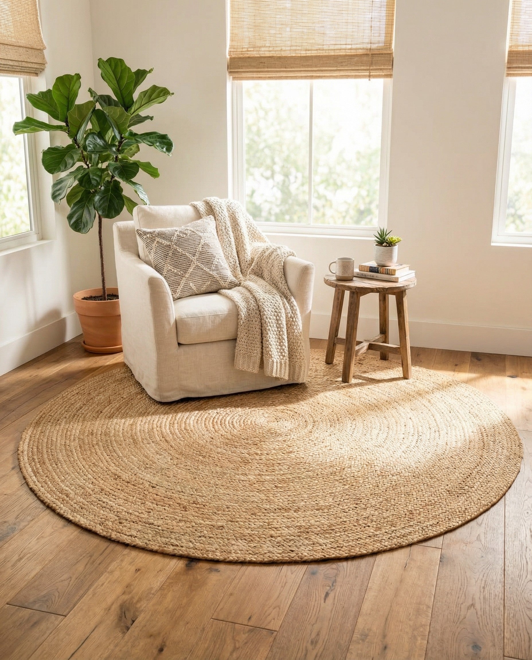 5' 1 x 5' 1  Hand Braided Jute Round Rug